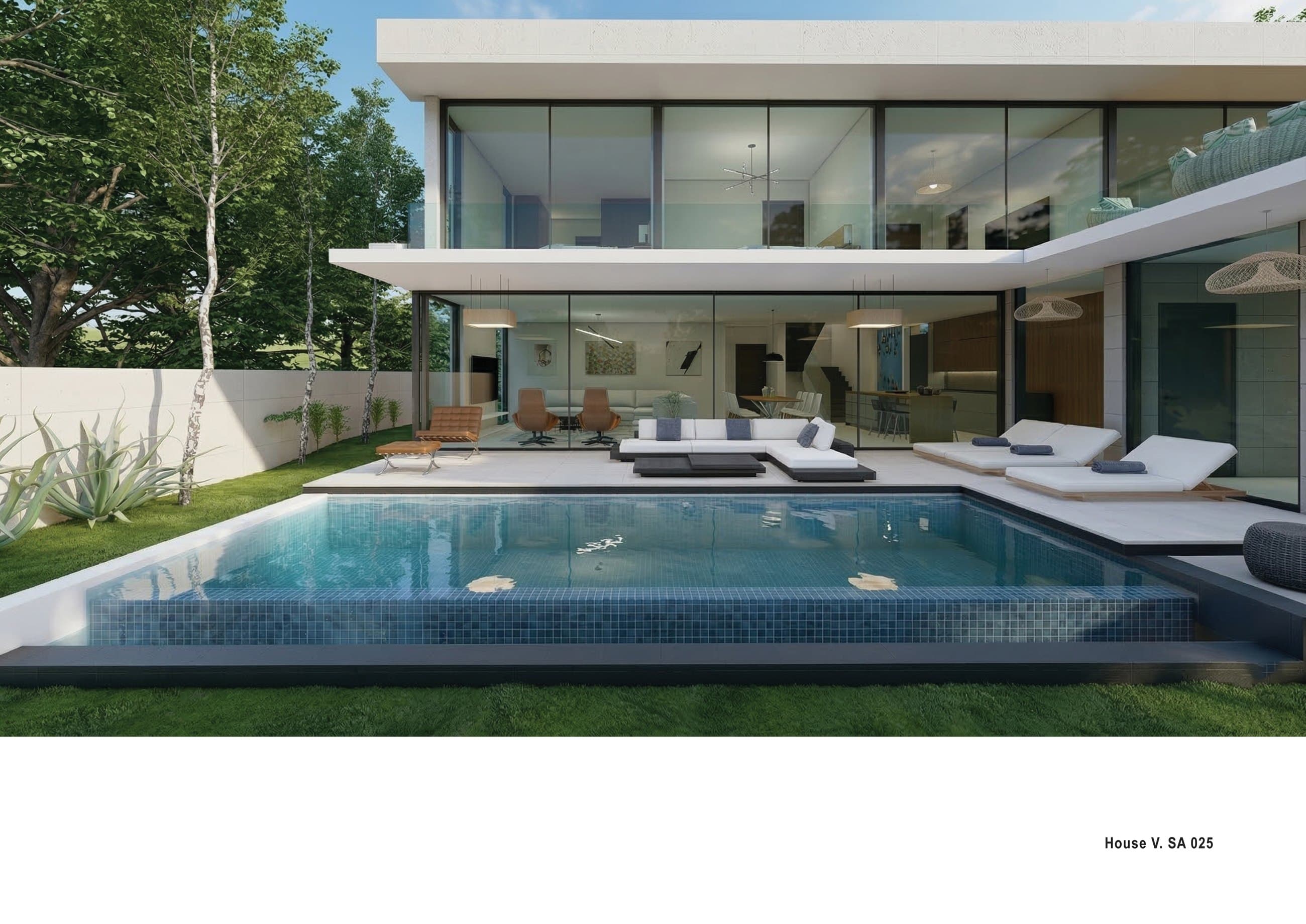 House V evening render with warm interior light