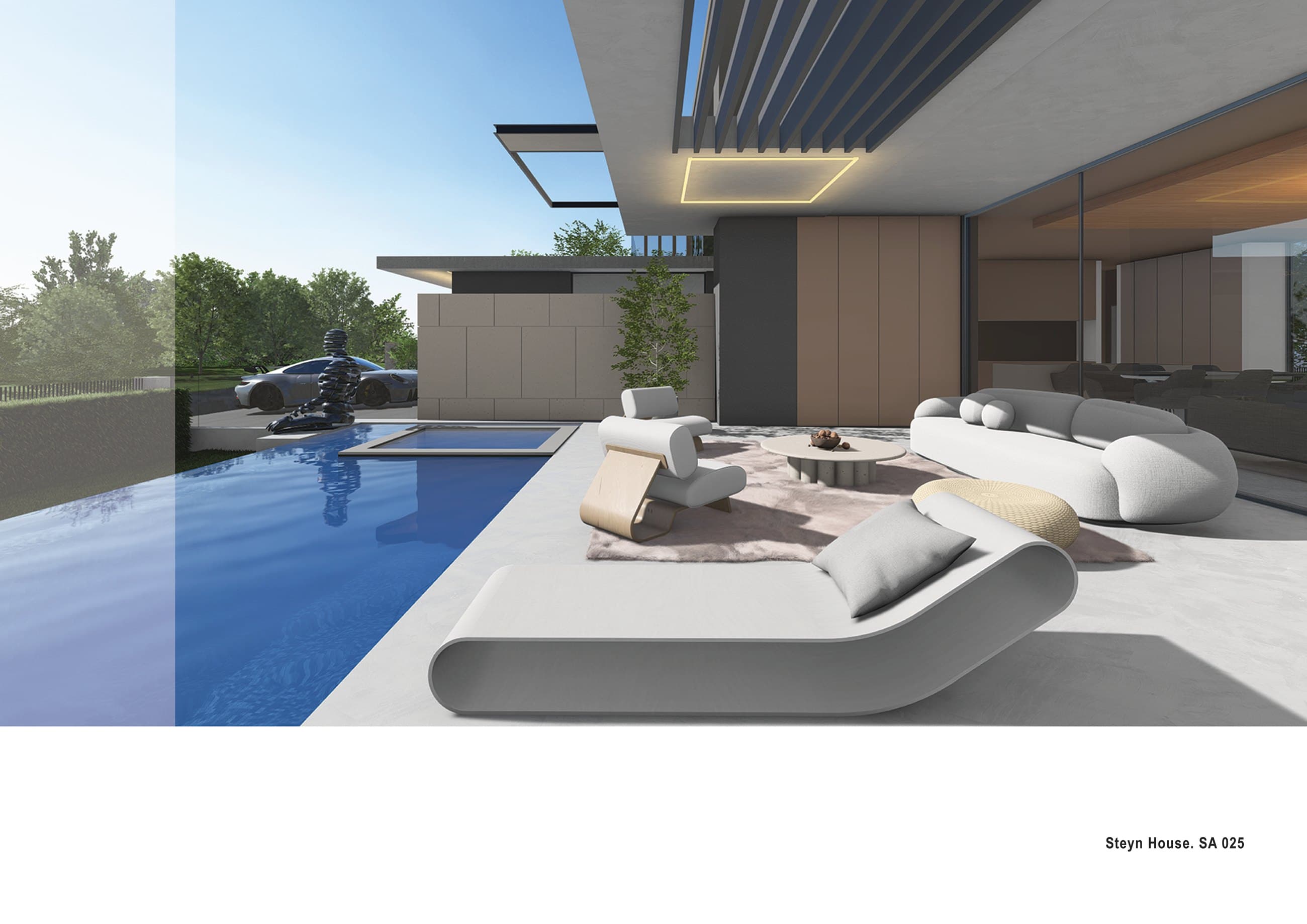 Steyn City Residence I street elevation with cantilevered roof plane, timber louvres, and black Porsche