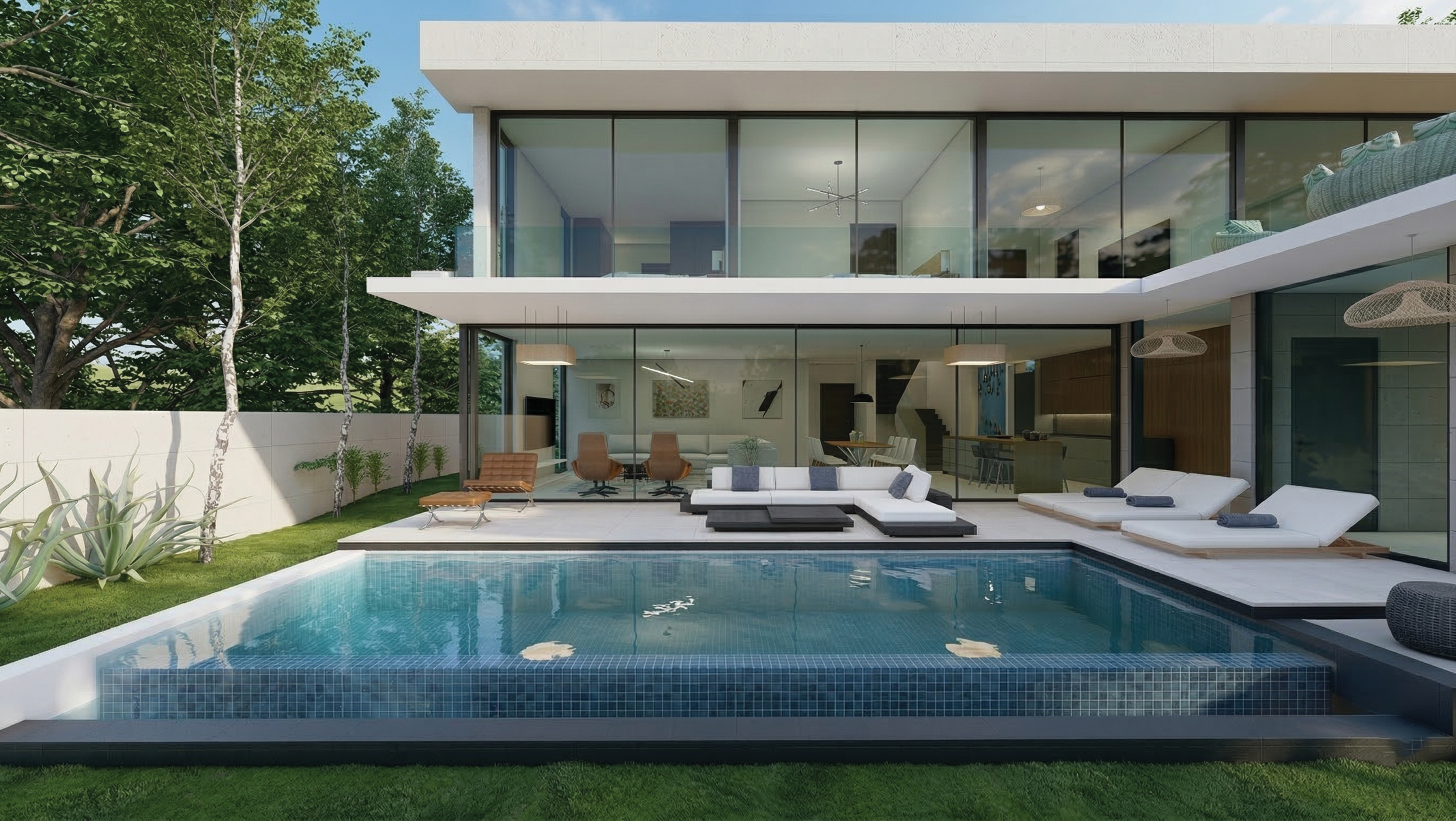 House V evening render with warm interior light