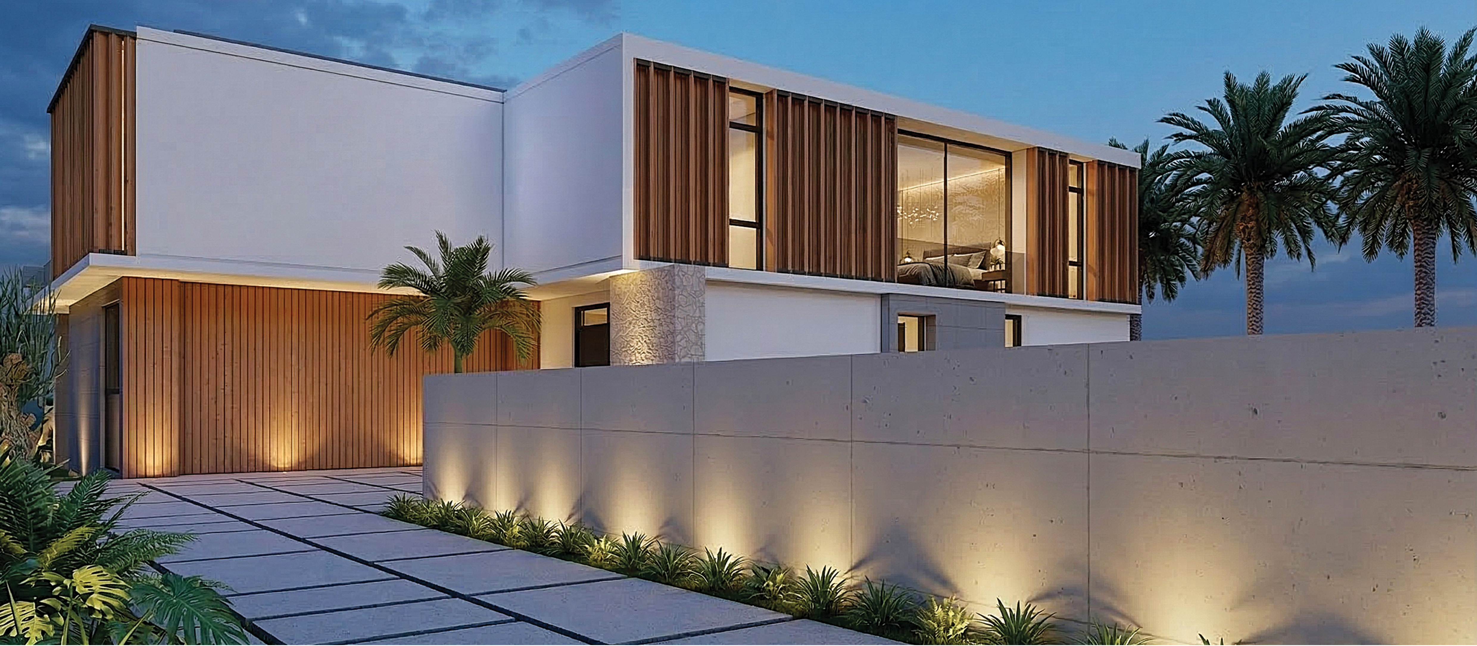 House V front elevation with timber screening, boundary wall, and illuminated approach