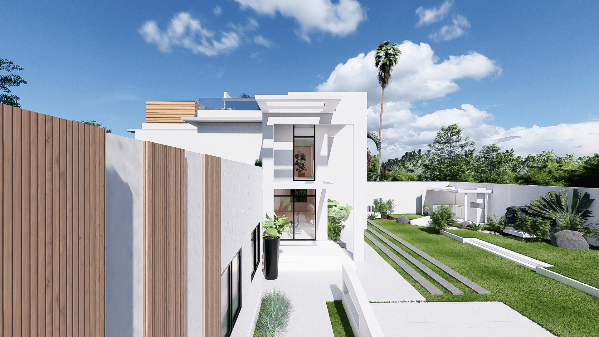 Residence L rear approach showing the pitched roof, site depth, and tropical landscape