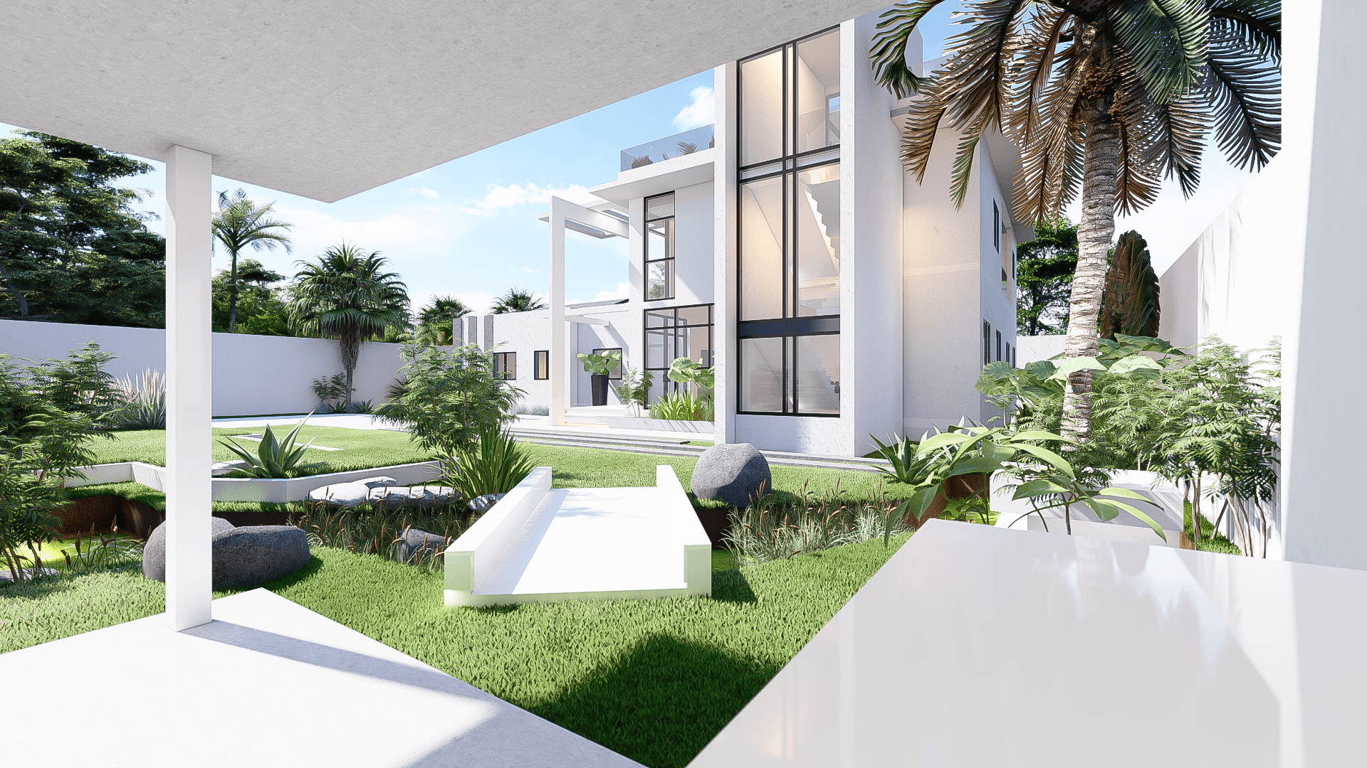Residence L garden pavilion view with pond, boulders, tropical planting, and stair tower beyond