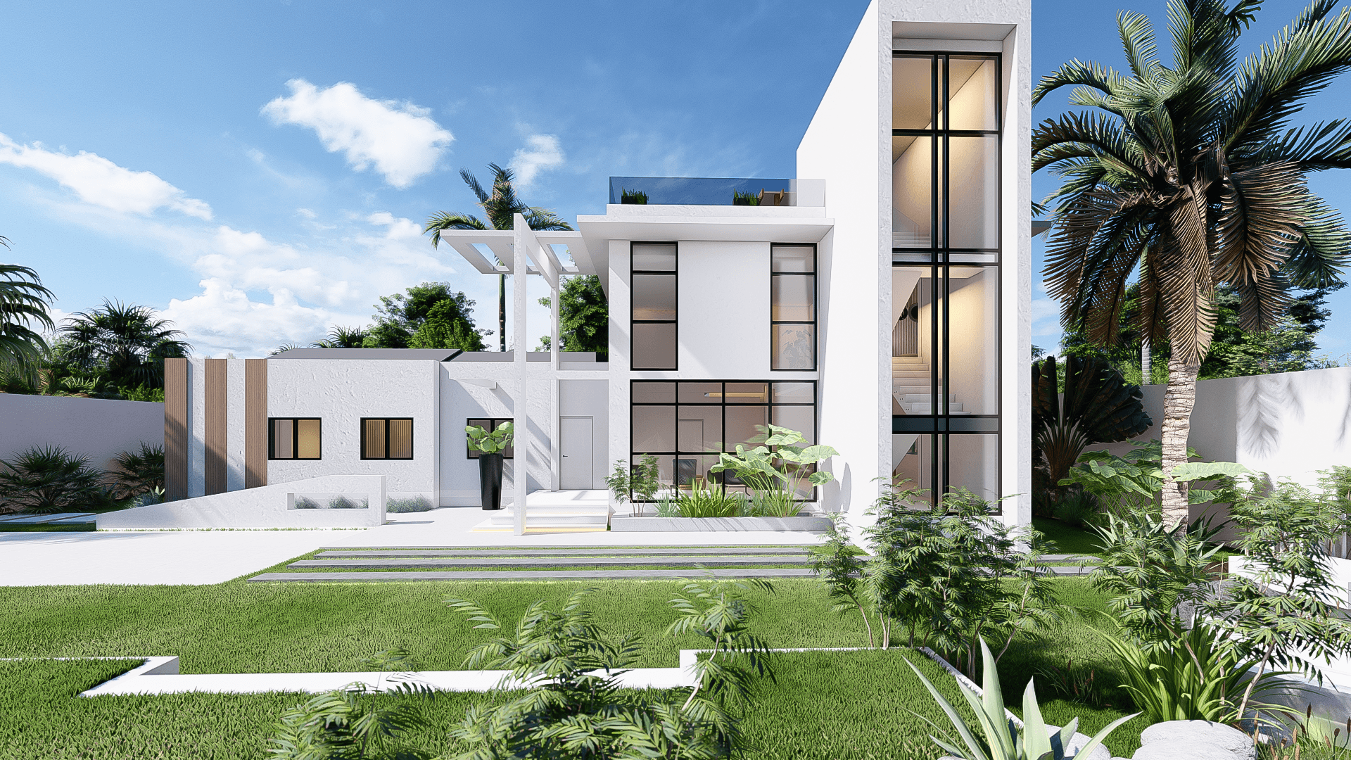 Residence L garden elevation with the double-height stair tower and planted courtyard