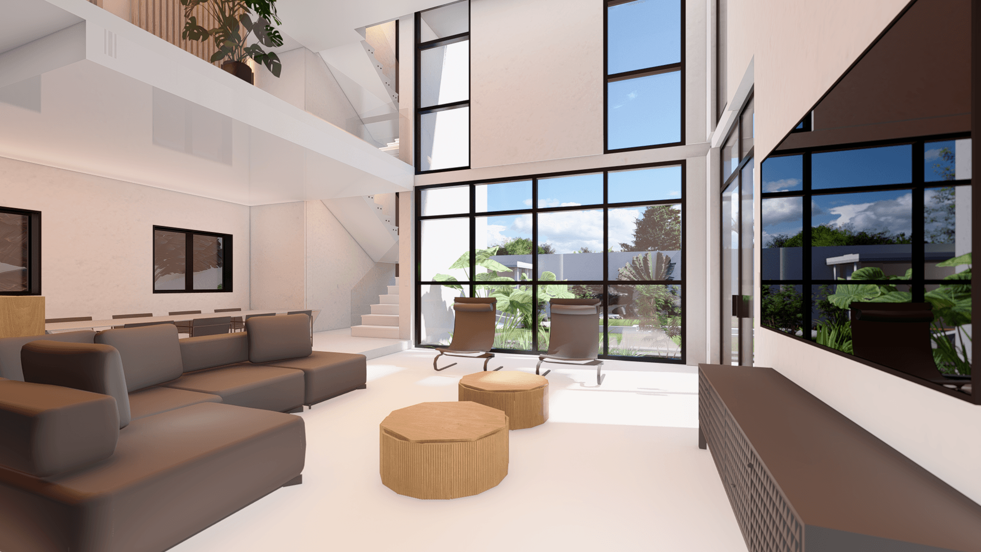 Residence L double-height living room with interior belvedere above and glazed wall to the garden