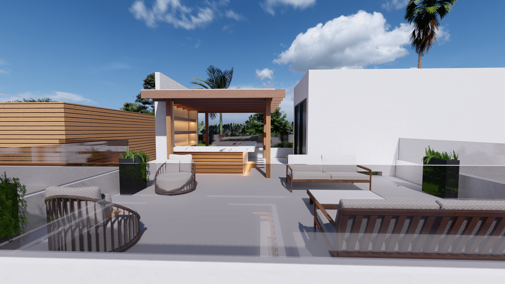 Residence L rooftop terrace with pergola, outdoor kitchen, and timber detailing