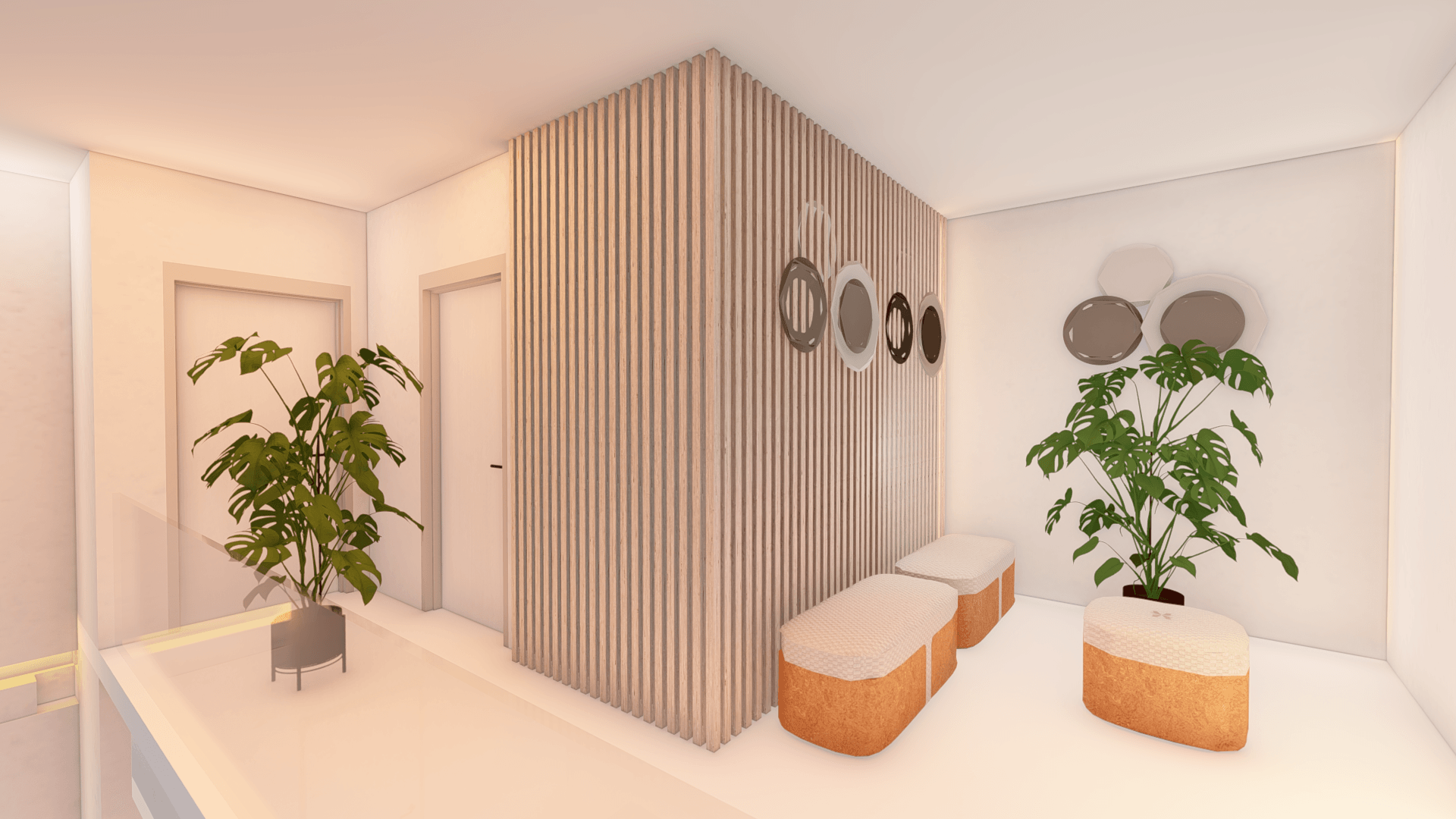 Residence L interior belvedere with slatted timber wall and warm light