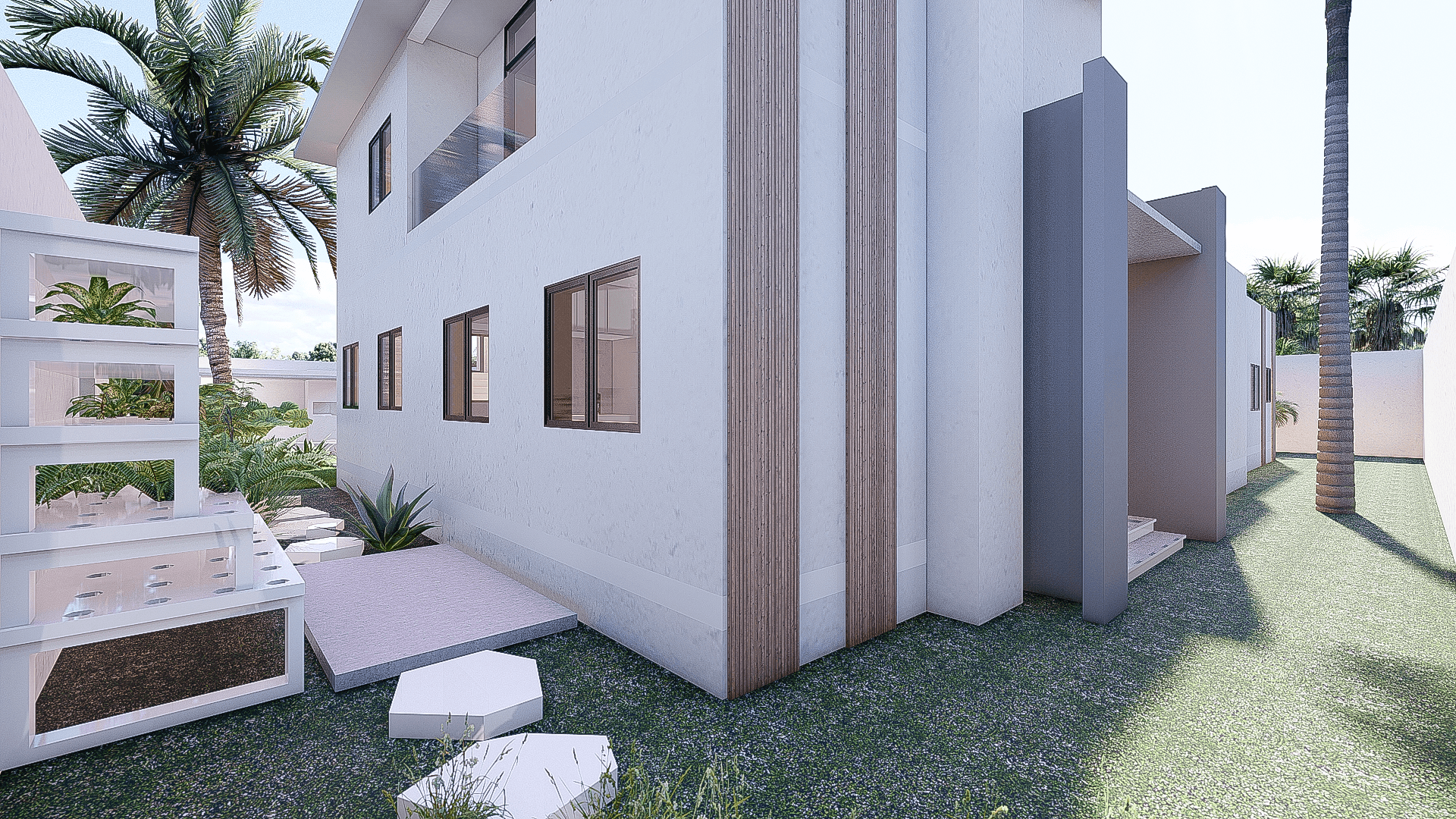Residence L side passage showing the house length, planting, and boundary wall