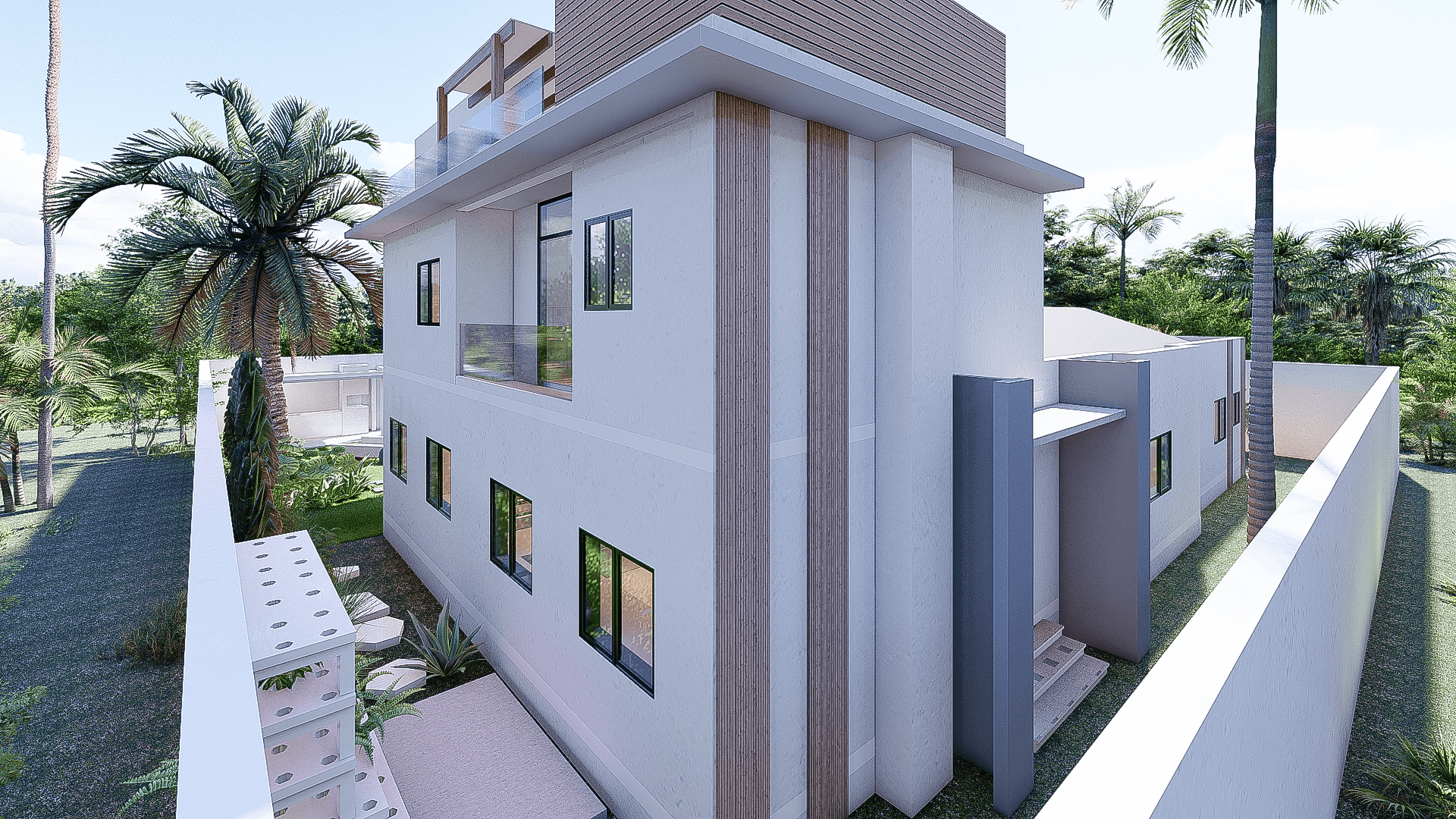 Residence L upper side view showing pitch roof, facade depth, and tropical canopy
