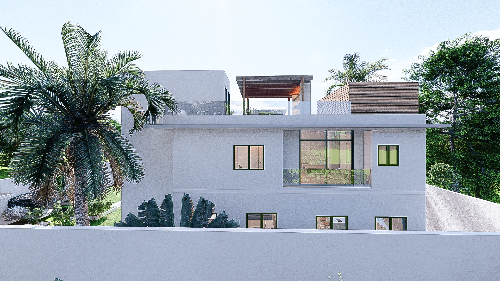 Residence L side elevation with timber cladding, entrance sequence, and garden to the right