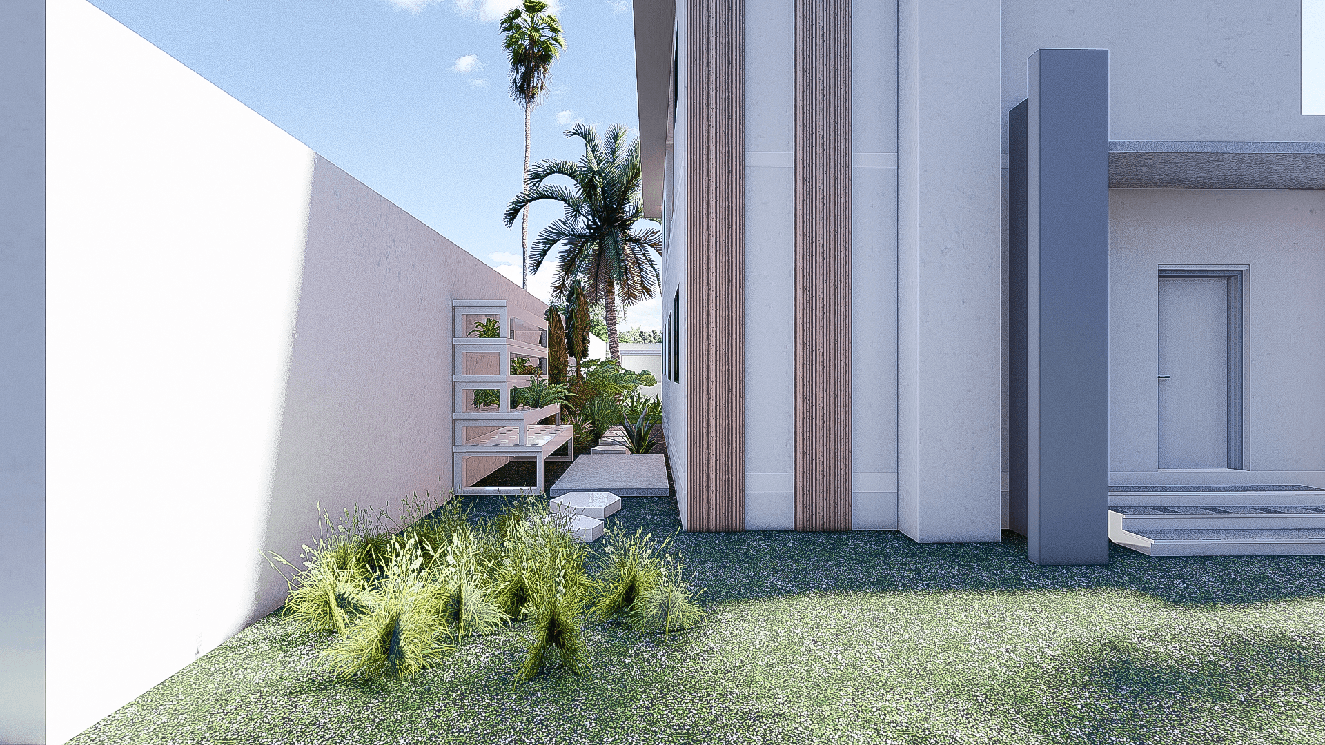 Residence L planted side garden with vertical facade elements and tropical planting