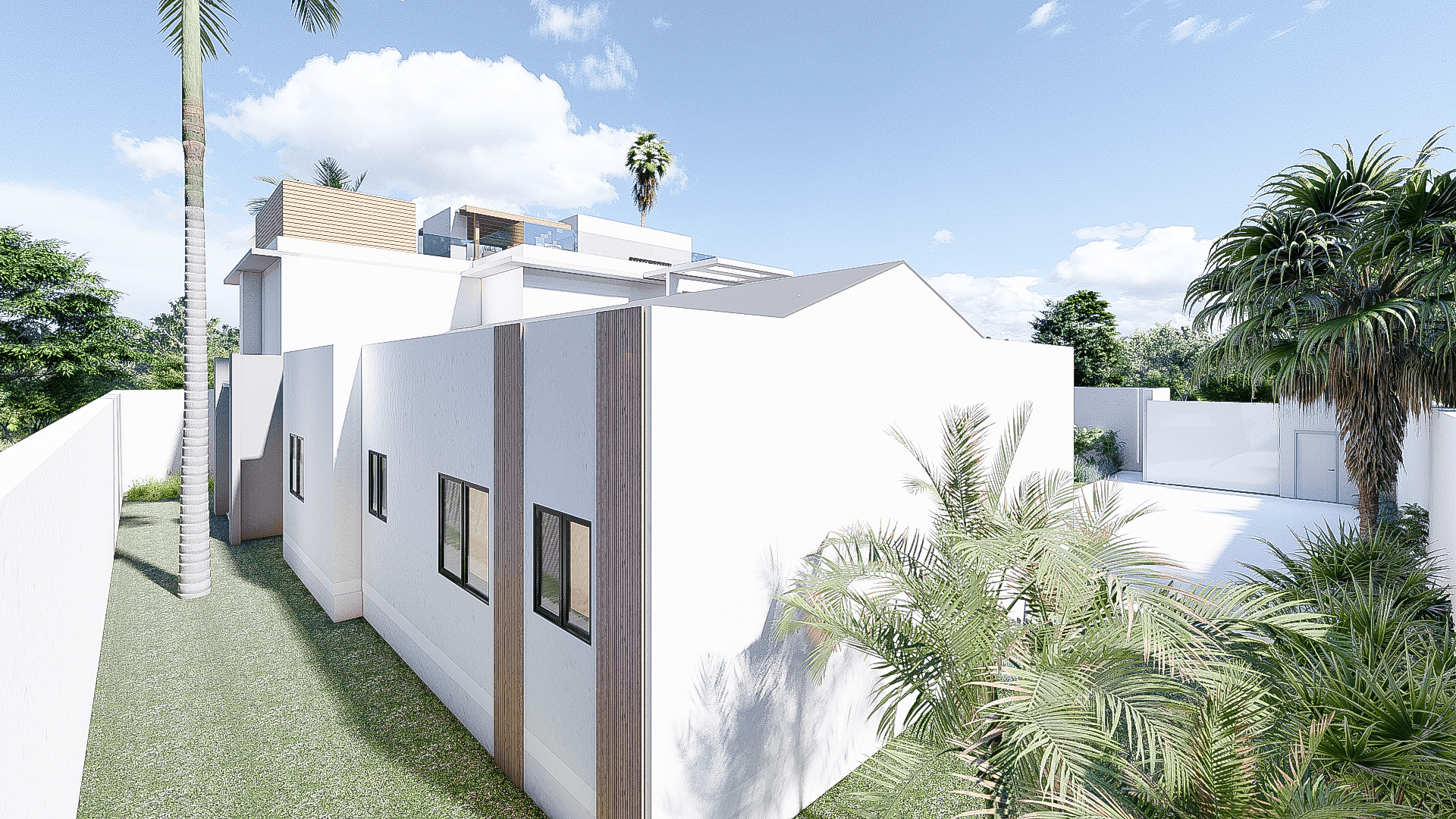 Residence L side view showing the bedroom wing, boundary wall, and landscape depth